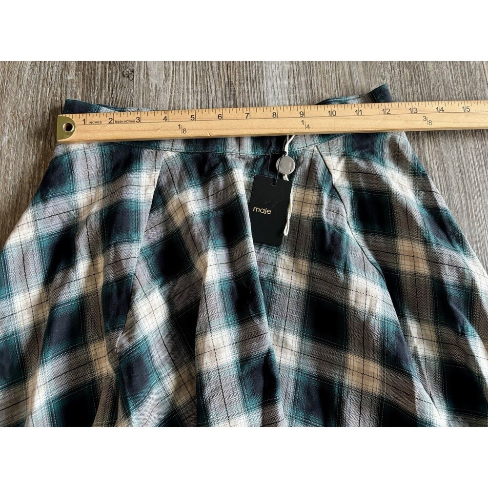 Maje Green White Checked Tartan Cotton Midi Skirt Women’s Size 36 Small NWT - Picture 5 of 8
